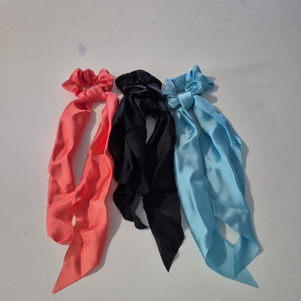 Elegant Hair Scrunchies Set 3- Coral, Black, and Light Blue